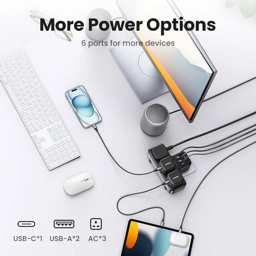30W 6-in-1 Wall Outlet Extender with USB-C and USB-A Ports
