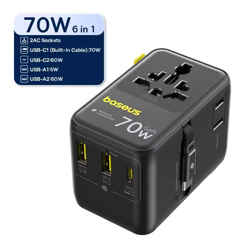 70W GaN Universal Travel Power Adapter with Retractable Cable - 31