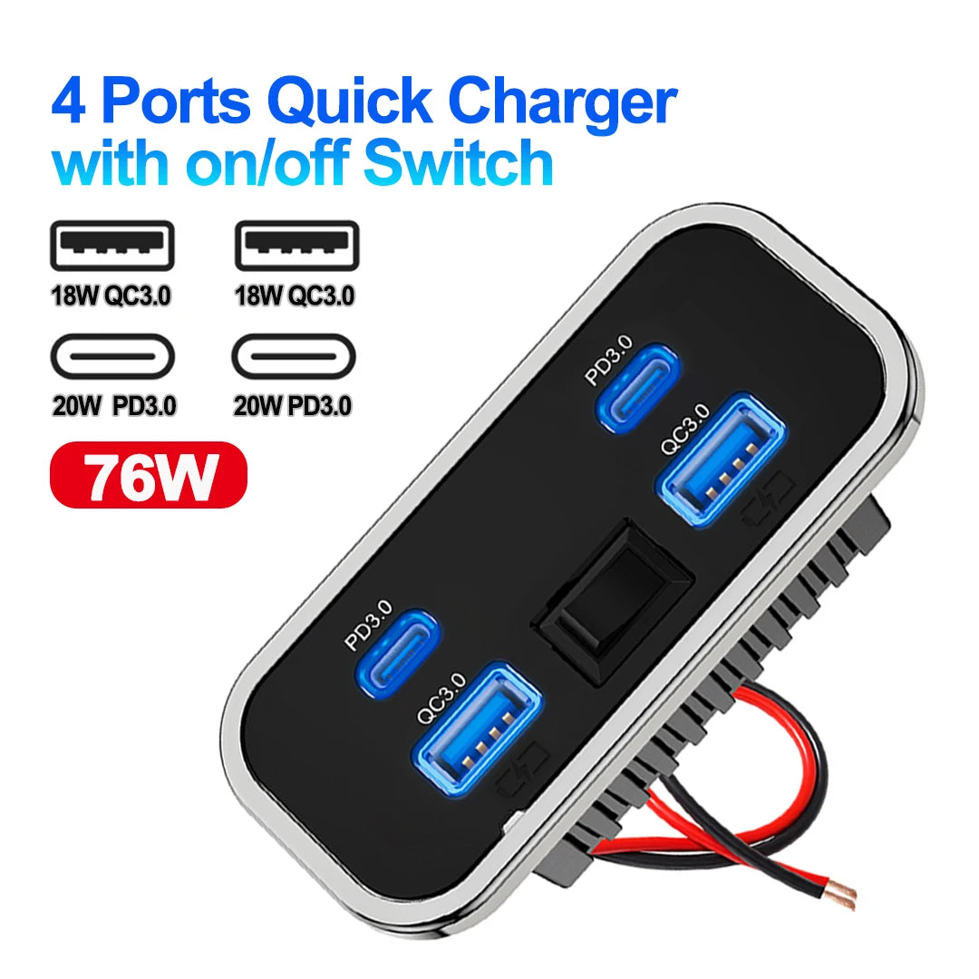 4 Port USB Car Charger with QC3.0 and PD3.0 Fast Charging Socket