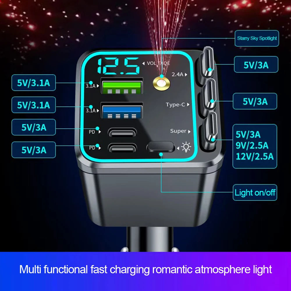 7-in-1 Fast Car Charger with Retractable Cables and Digital Voltmeter - 5