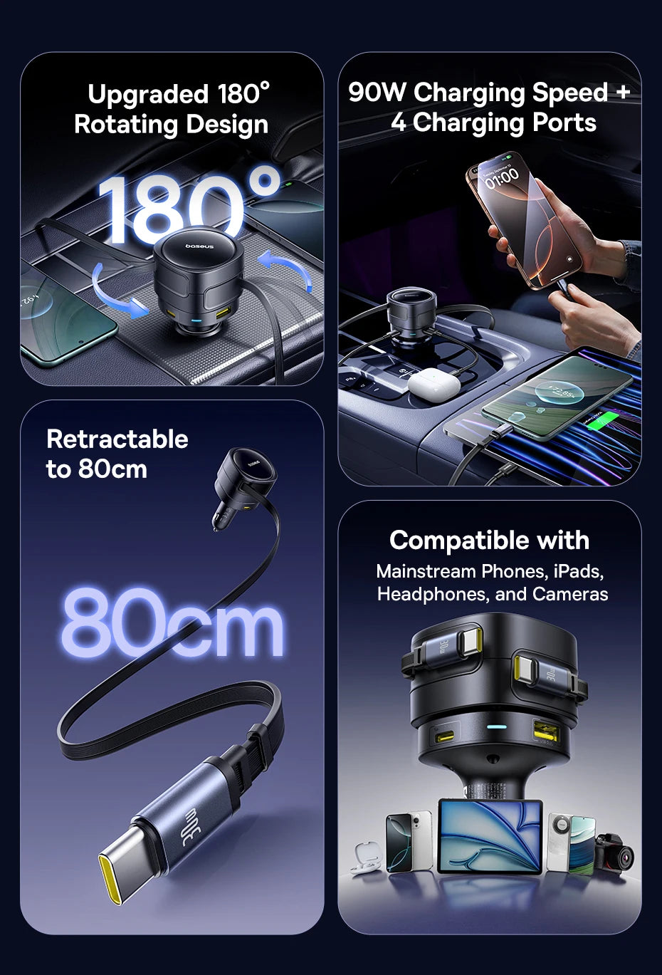 90W Fast Car Charger with Dual Retractable Cables