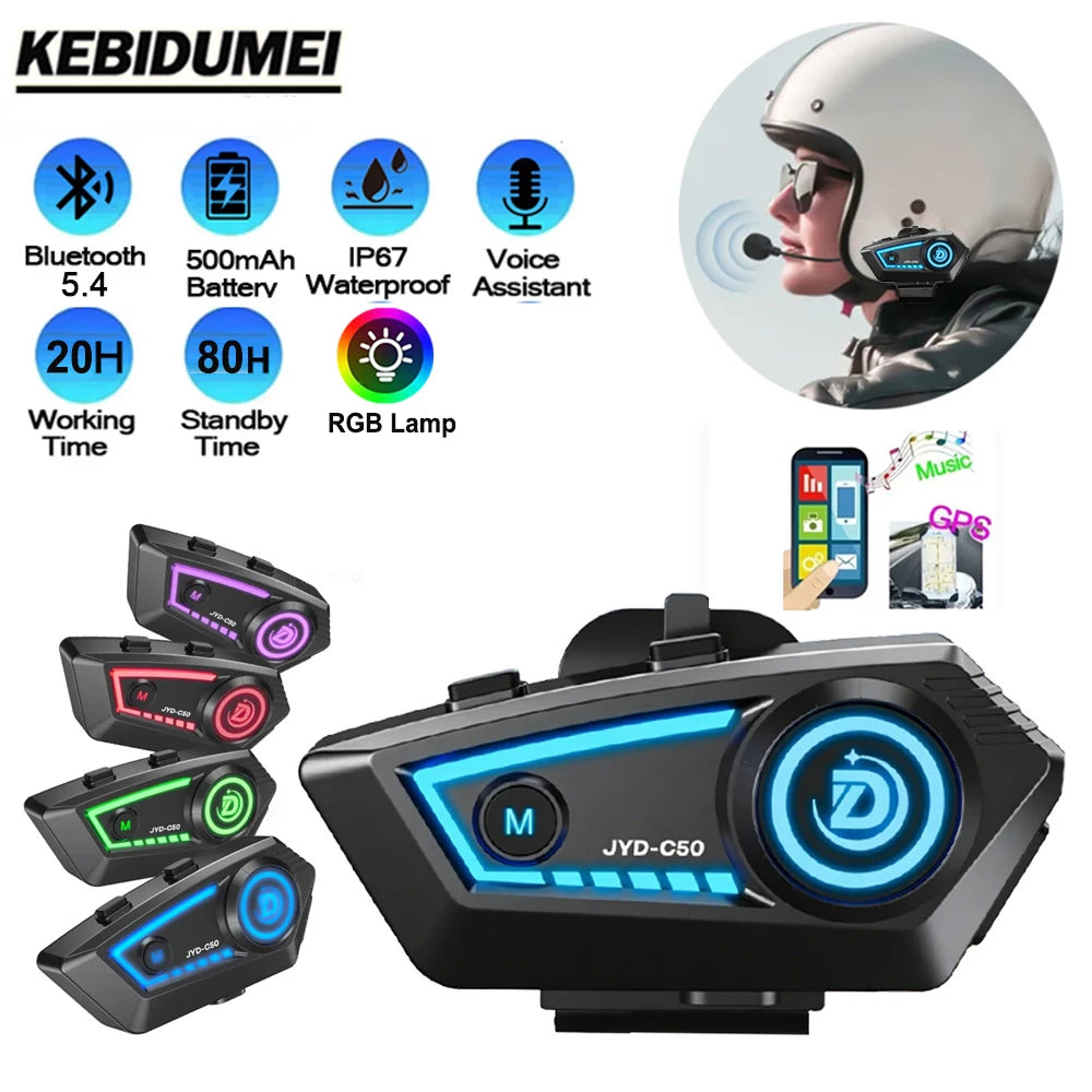 Motorcycle Helmet Bluetooth 5.4 Headset with RGB Lights IPX67 Waterproof