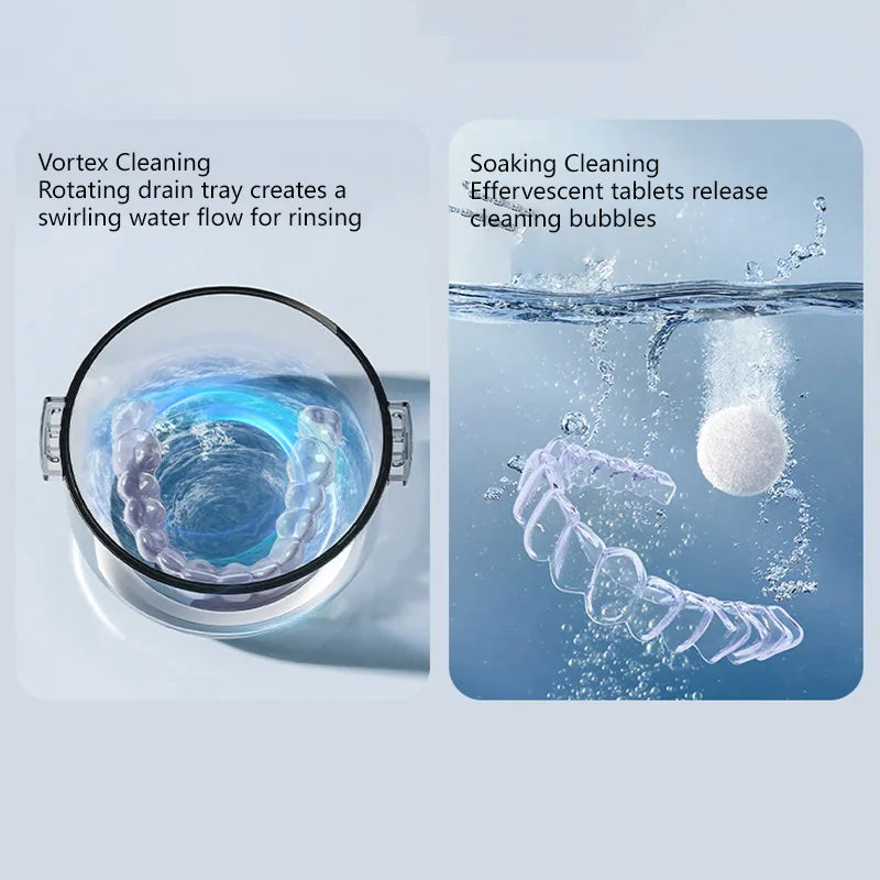Rotary Denture Cleaning and Storage Container with Drainage Tray