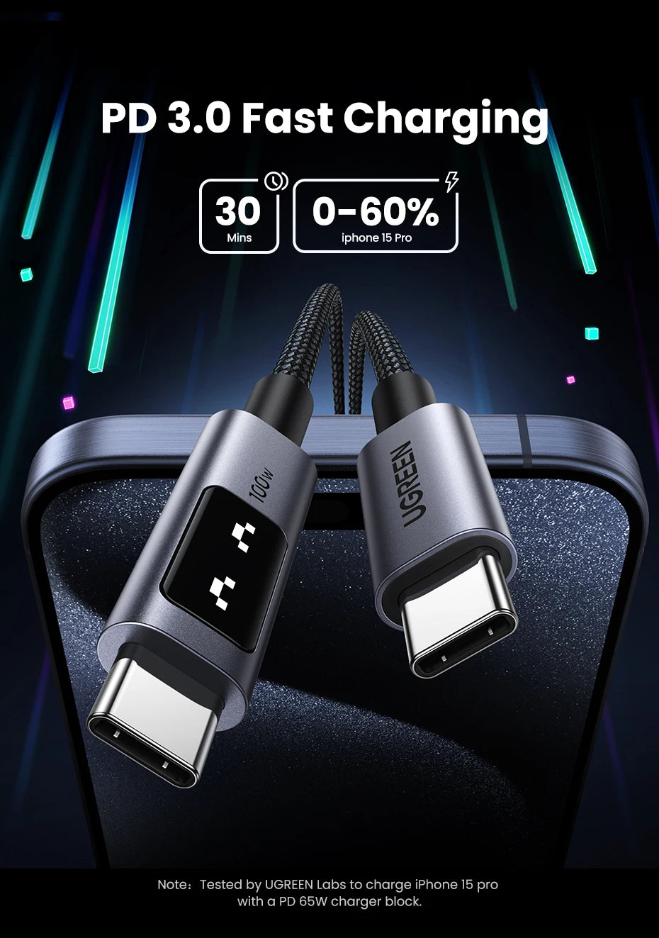 100W USB-C Fast Charging Cable with LED Emoji Display