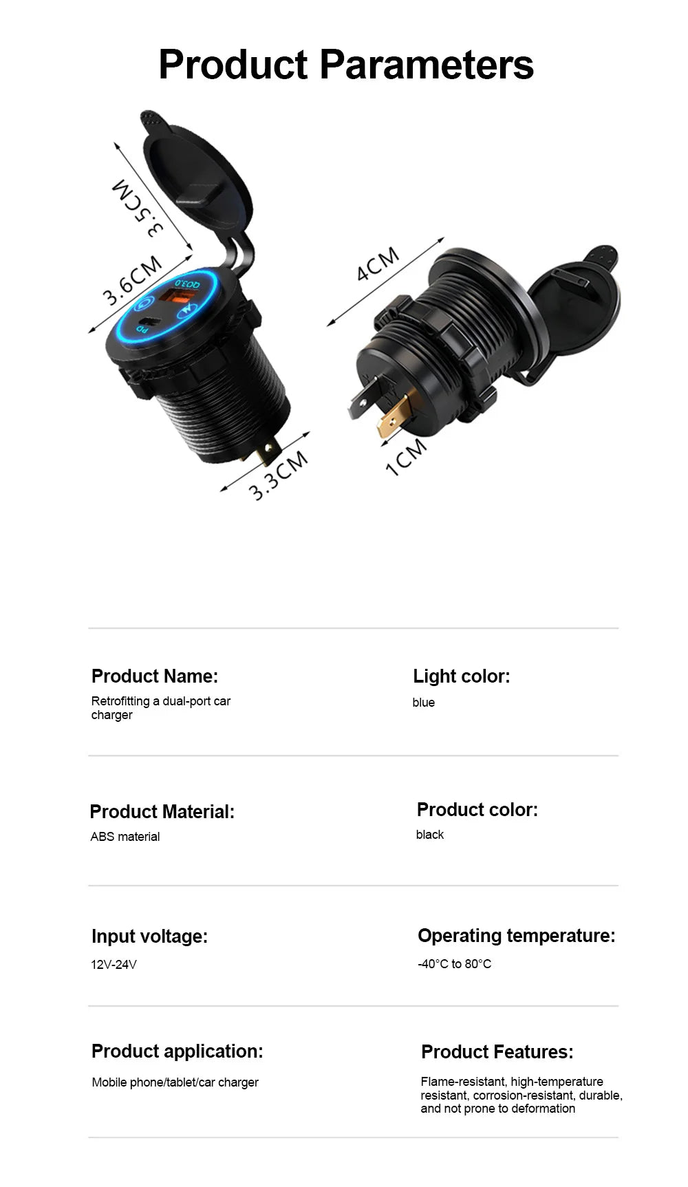 Dual USB Type C Quick Charger Socket PD30W QC3.0 for 12V 24V Vehicles