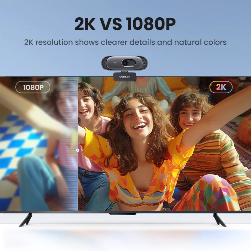 2K Ultra HD USB Webcam with Dual Microphones for Video Calls