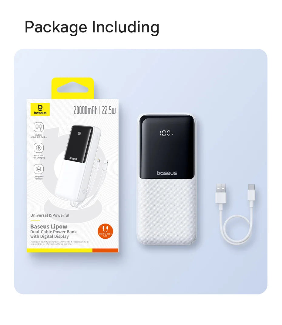 20000mAh Portable Power Bank with Integrated Fast Charging Cables