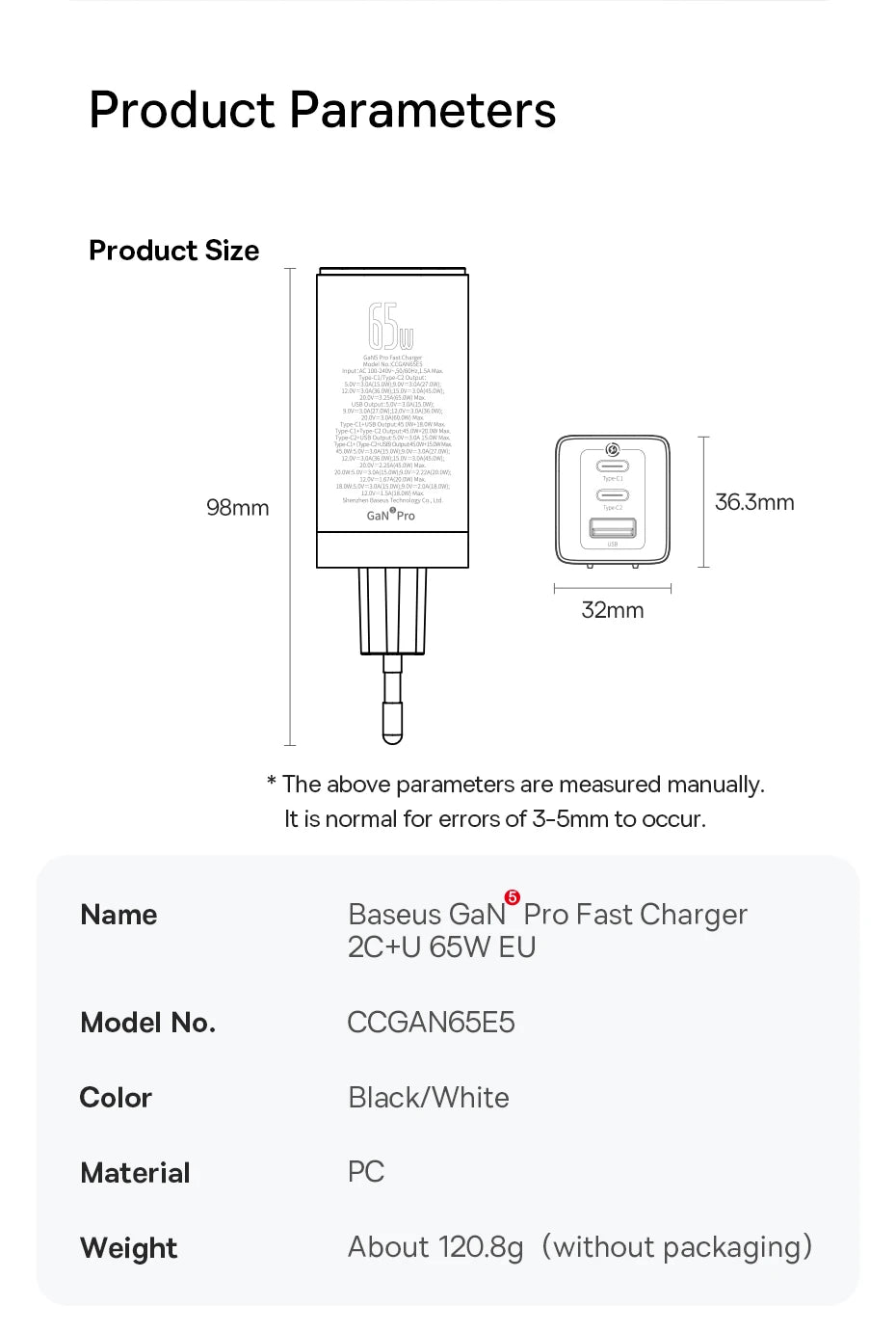 65W GaN Fast Charger with Dual Type-C and USB Ports