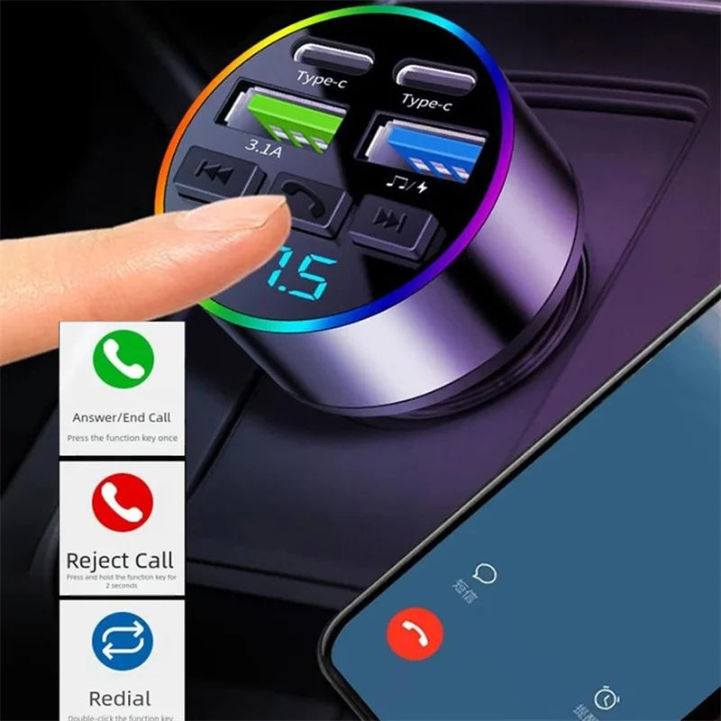 Bluetooth 5.0 FM Transmitter 66W 4 Port Car Charger Handsfree Adapter