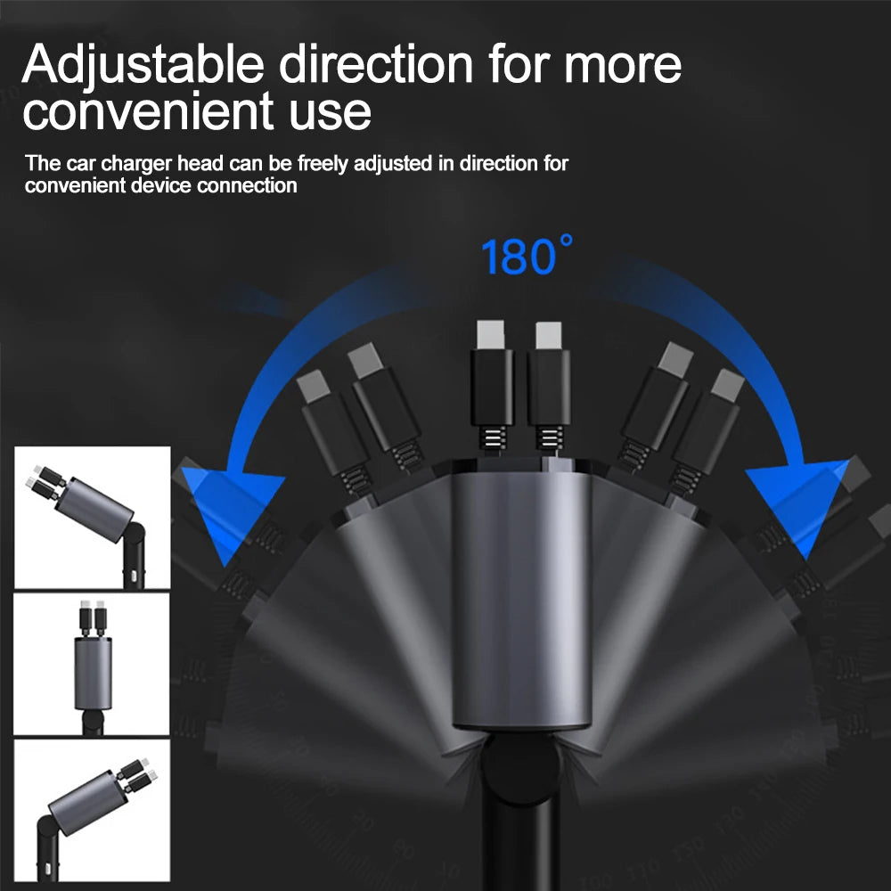 120W 4-in-1 Retractable Fast Car Charger with Voltage Display