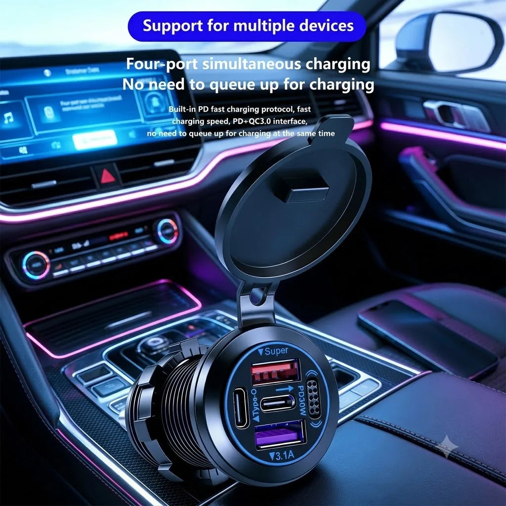 83W 4-Port Fast Charging Car Socket with Dual USB-C and Dual USB-A