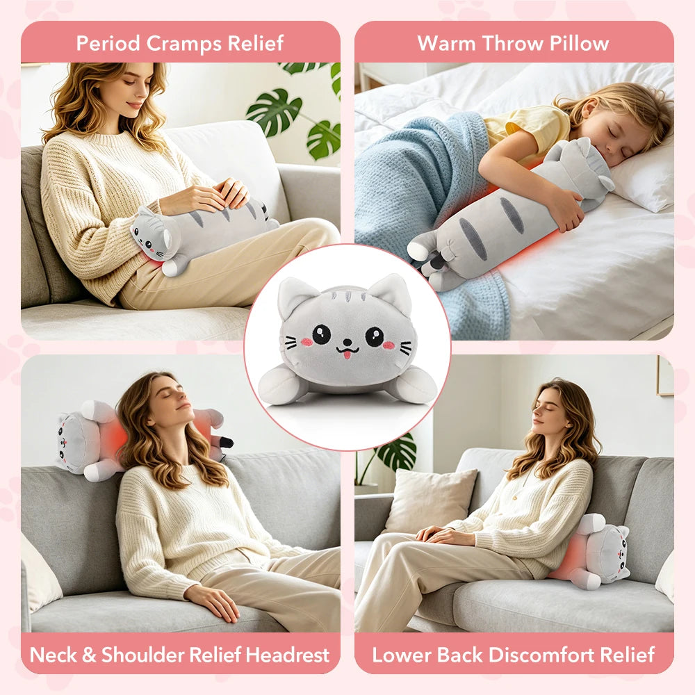 USB Heated Cat Plush Pillow for Pain Relief