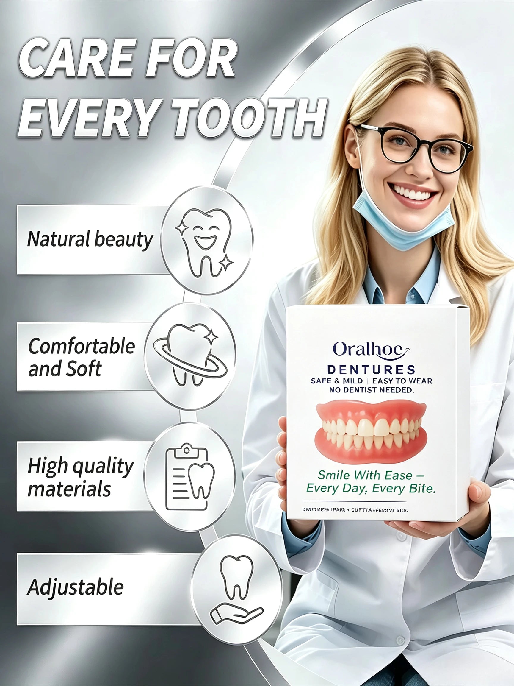 Adjustable Cosmetic Denture and Cleaning Care Kit - 4