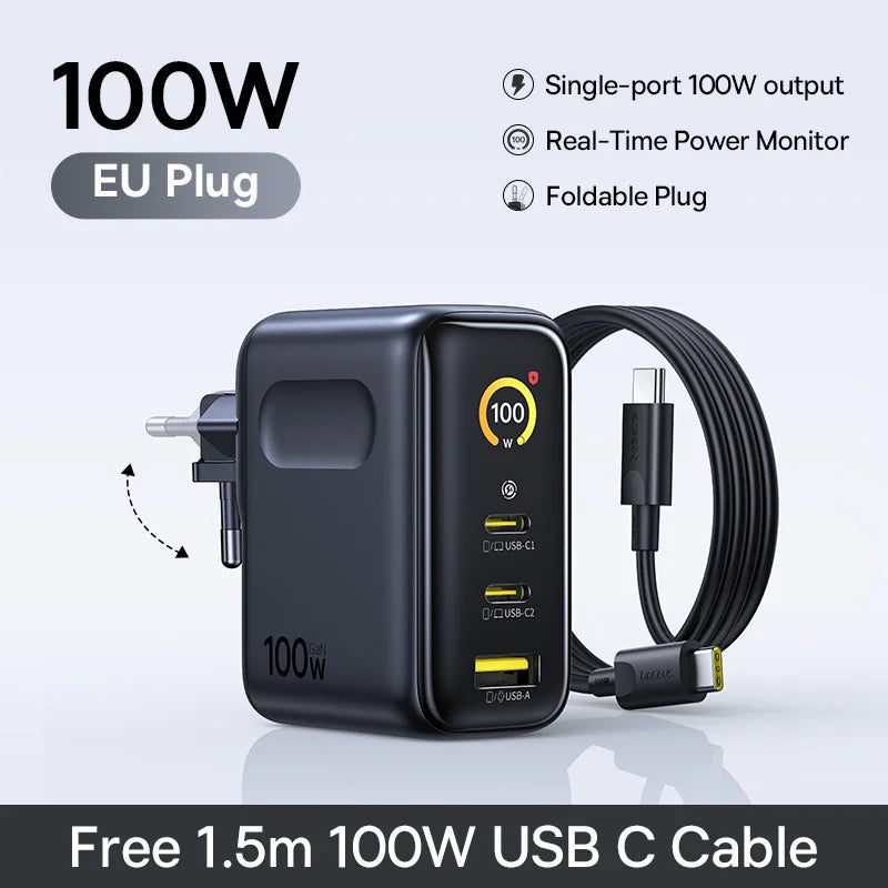 100W GaN Fast Charger with Digital Power Display and Foldable Plug