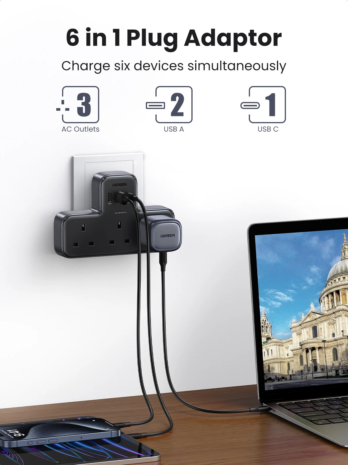 6-in-1 UK Plug Power Strip with 30W USB-C Fast Charging
