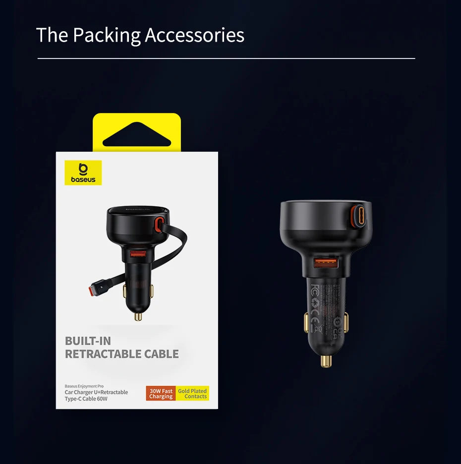 60W Fast Dual Port Car Charger with Retractable Cable