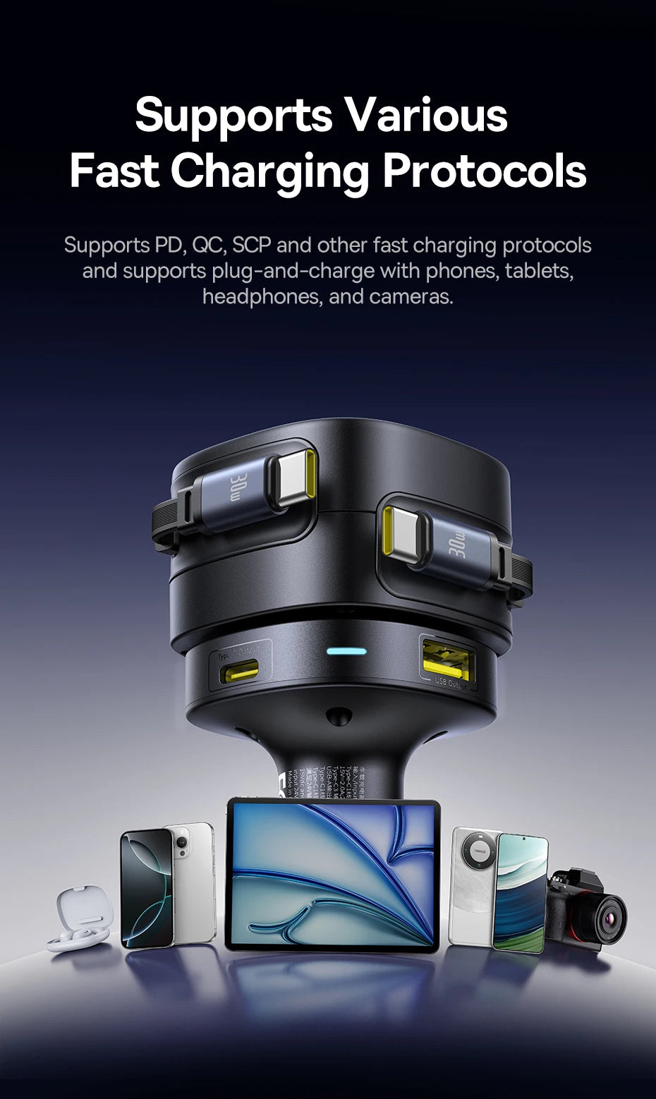 90W Fast Car Charger with Dual Retractable Cables