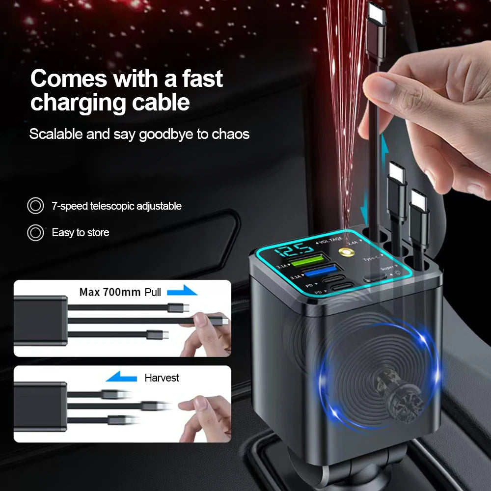 7-in-1 Fast Car Charger with Retractable Cables and Digital Voltmeter