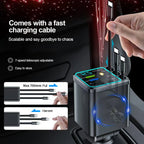 7-in-1 Fast Car Charger with Retractable Cables and Digital Voltmeter