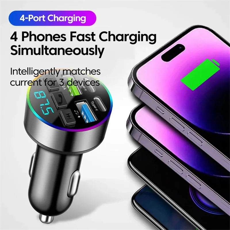Bluetooth 5.0 FM Transmitter 66W 4 Port Car Charger Handsfree Adapter