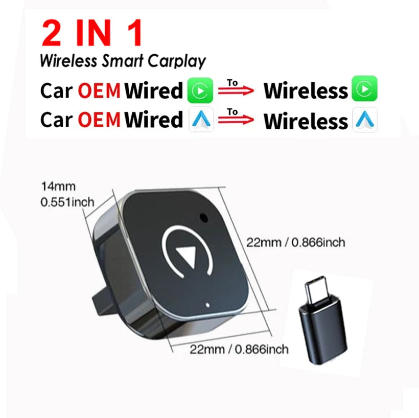 Wireless CarPlay and Android Auto 2-in-1 Adapter for Wired Car Systems