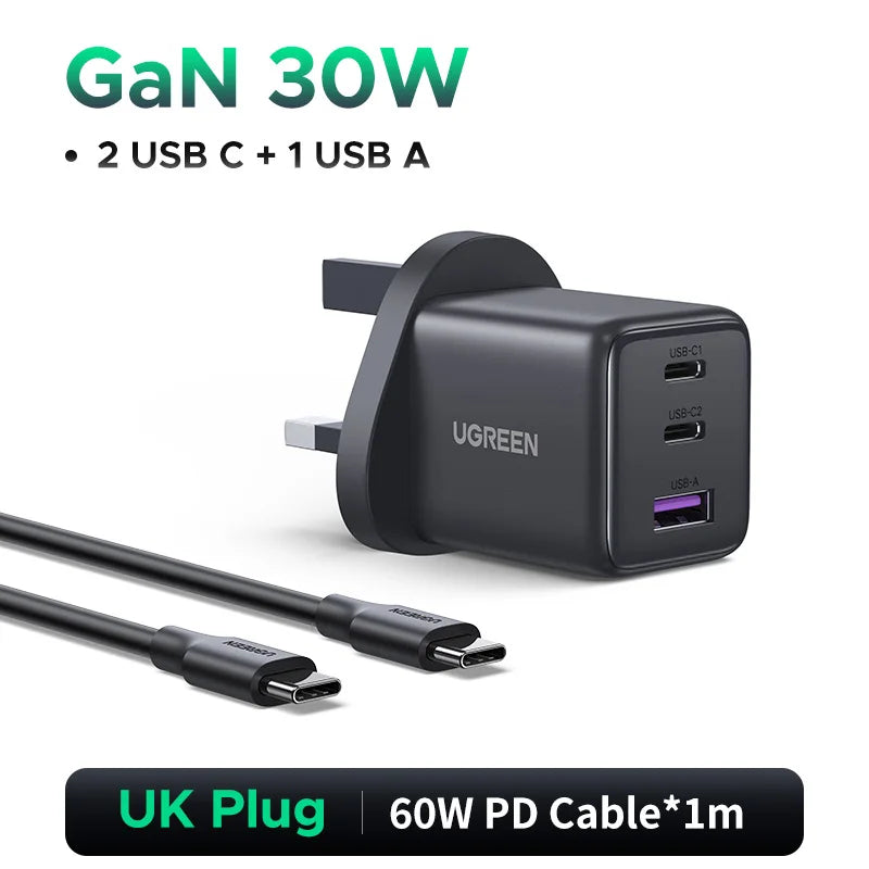 30W GaN 3-Port USB-C Fast Wall Charger