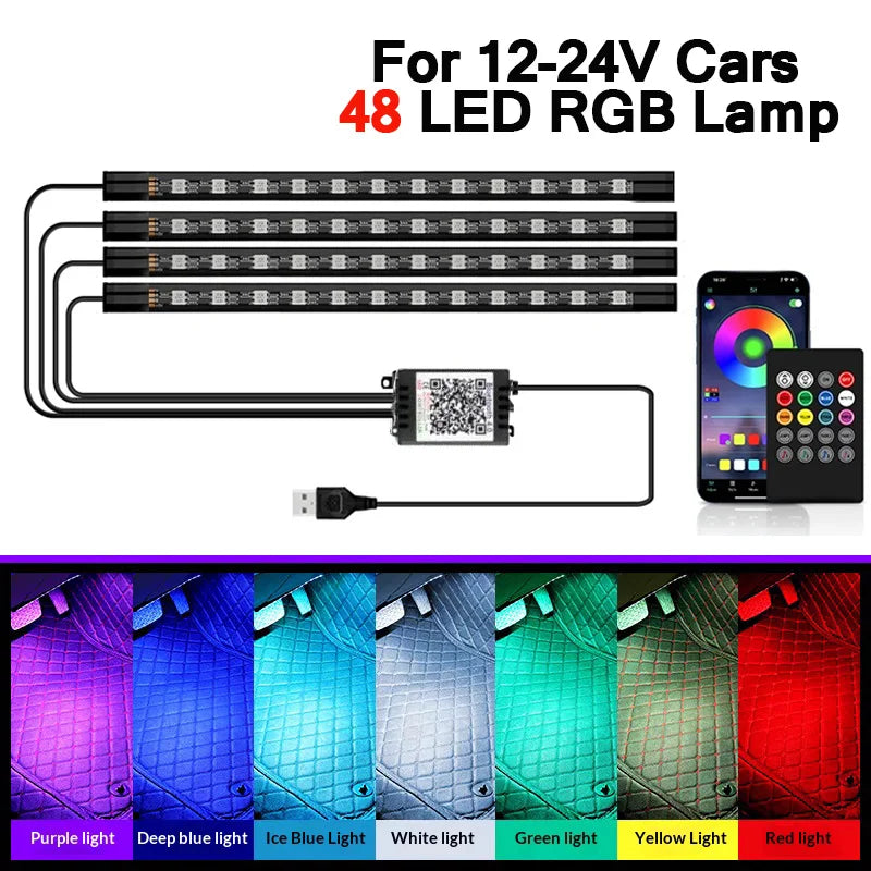 48 LED RGB Car Interior Foot Light Kit with App and Remote Control