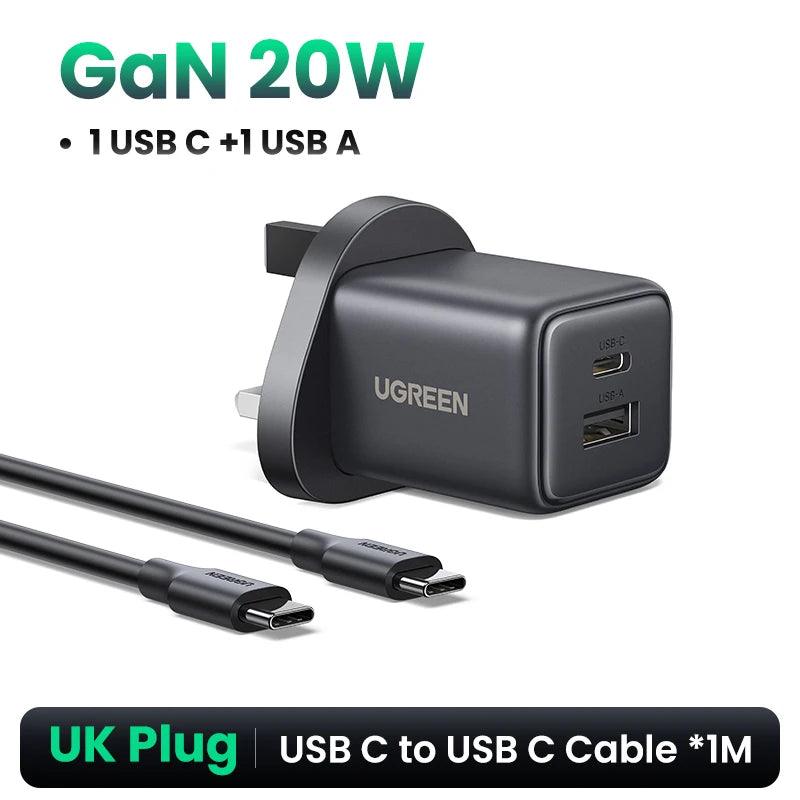 20W GaN Dual-Port USB-C and USB-A Fast Wall Charger
