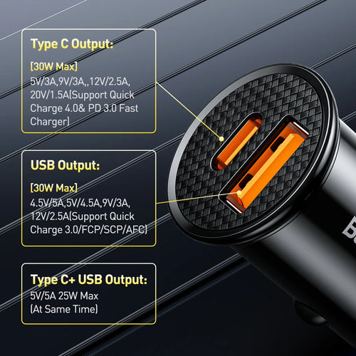 30W Dual Port Fast Car Charger USB and Type-C