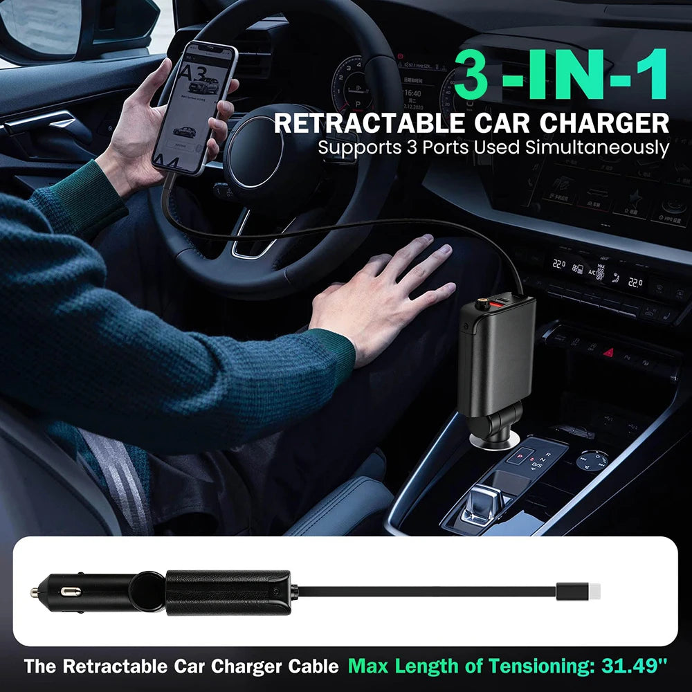 100W Car Charger with Retractable Cable PD 30W Fast Charging Adapter