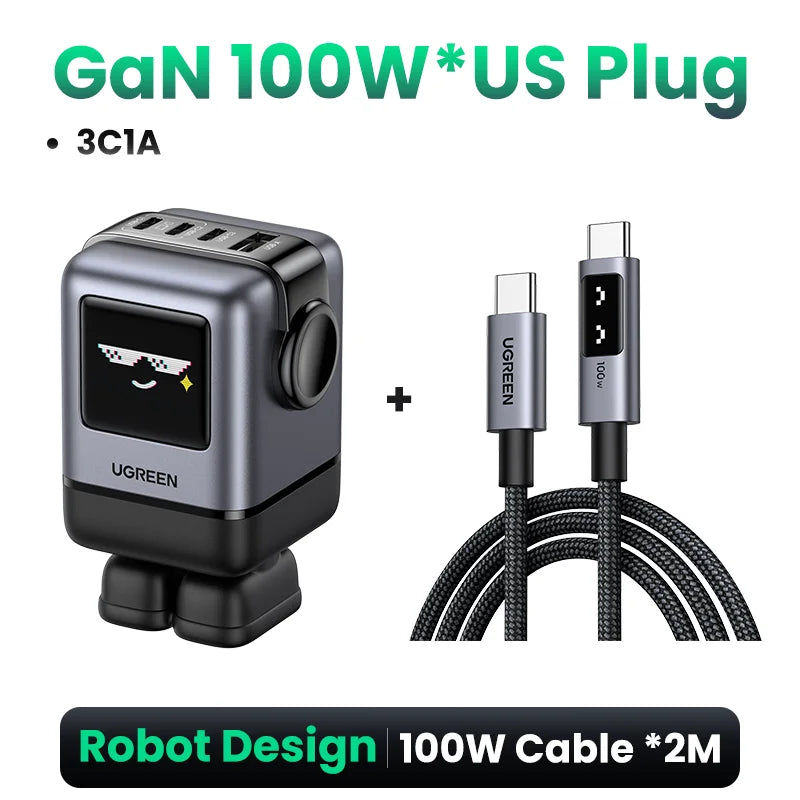 100W GaN Fast Wall Charger with Robot Display for Laptops and Phones - 24