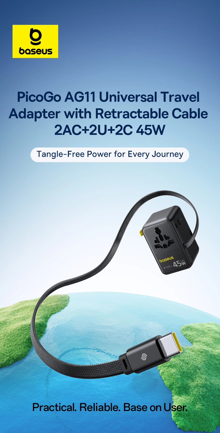 6-in-1 Universal Travel Adapter with 45W Fast Charging and Cable