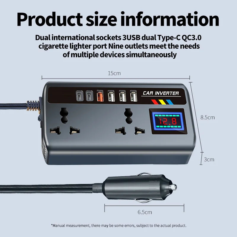 200W 12V/24V to 220V Car Power Inverter with 9 Charging Ports