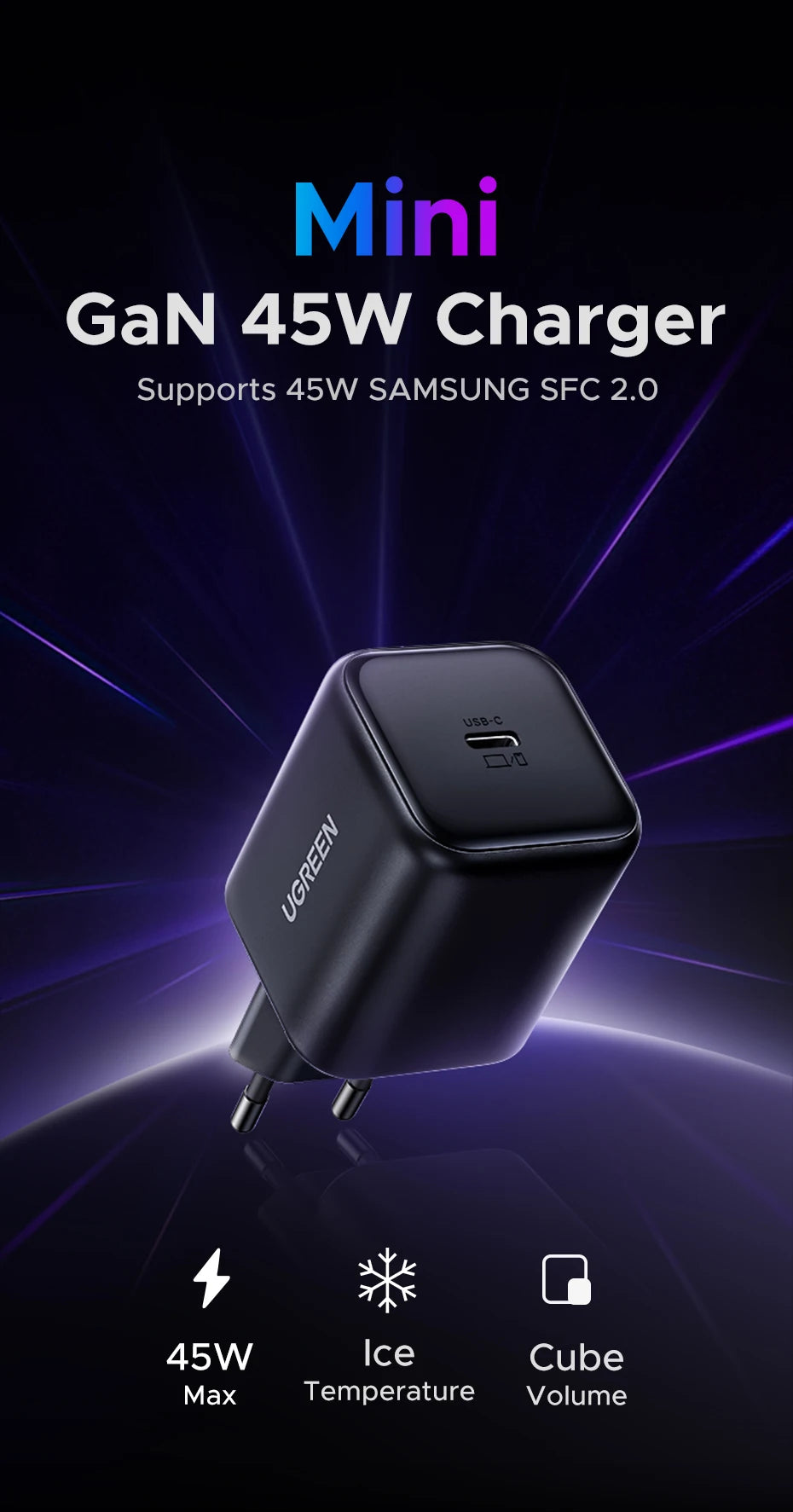 45W GaN USB-C Fast Wall Charger for Smartphones and Tablets