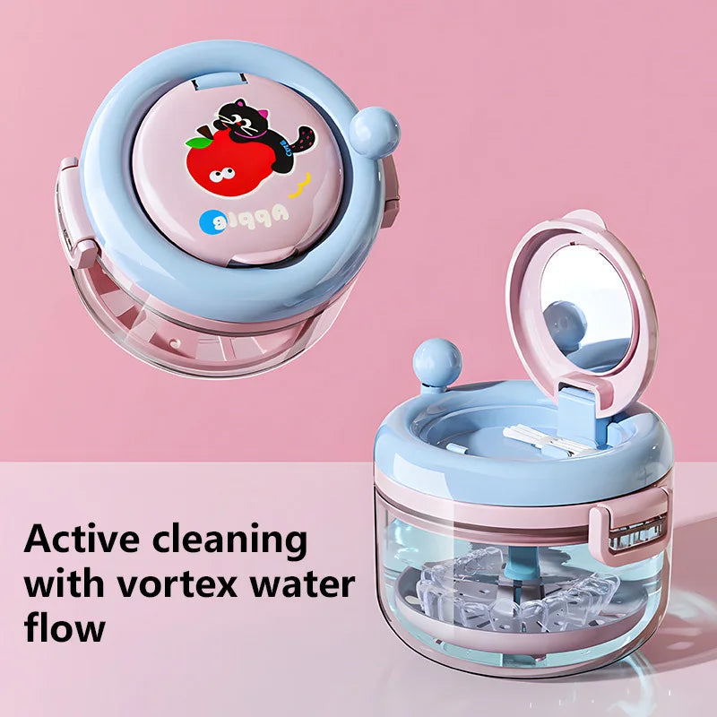 Rotary Denture Cleaning and Storage Container with Drainage Tray