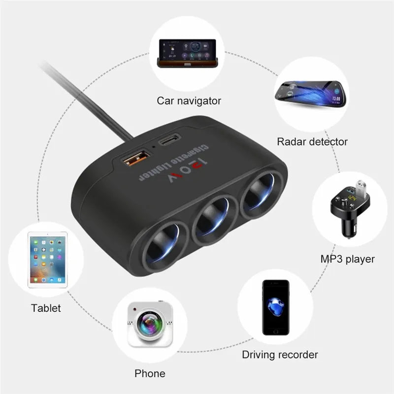 120W 3-Way Car Cigarette Lighter Splitter with USB Fast Charging