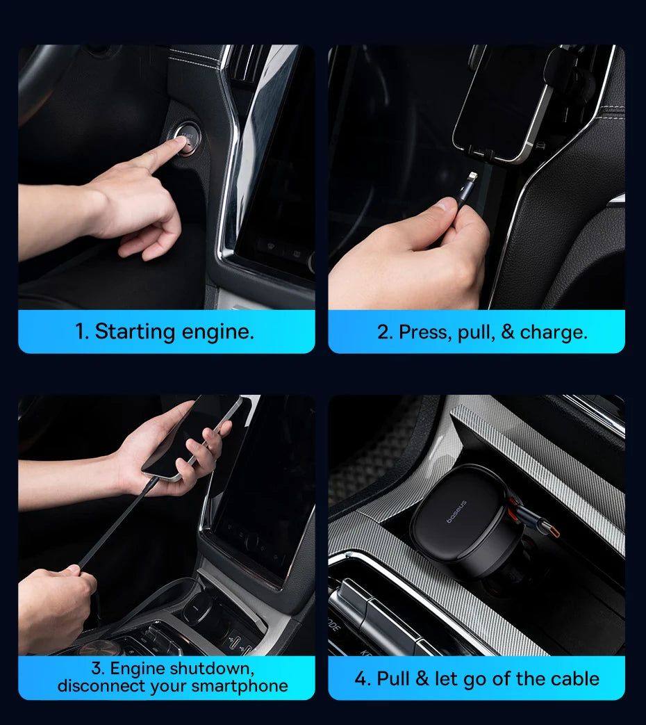 60W Fast Dual Port Car Charger with Retractable Cable - 24