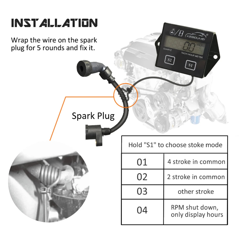 Digital Engine Tachometer and Hour Meter Gauge for Spark Ignition Engines