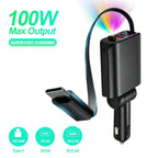 100W Car Charger with Retractable Cable PD 30W Fast Charging Adapter