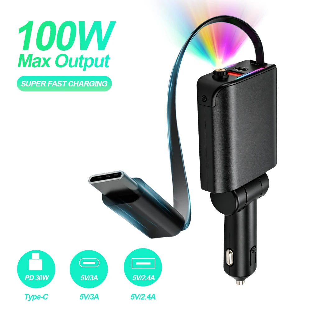 100W Car Charger with Retractable Cable PD 30W Fast Charging Adapter