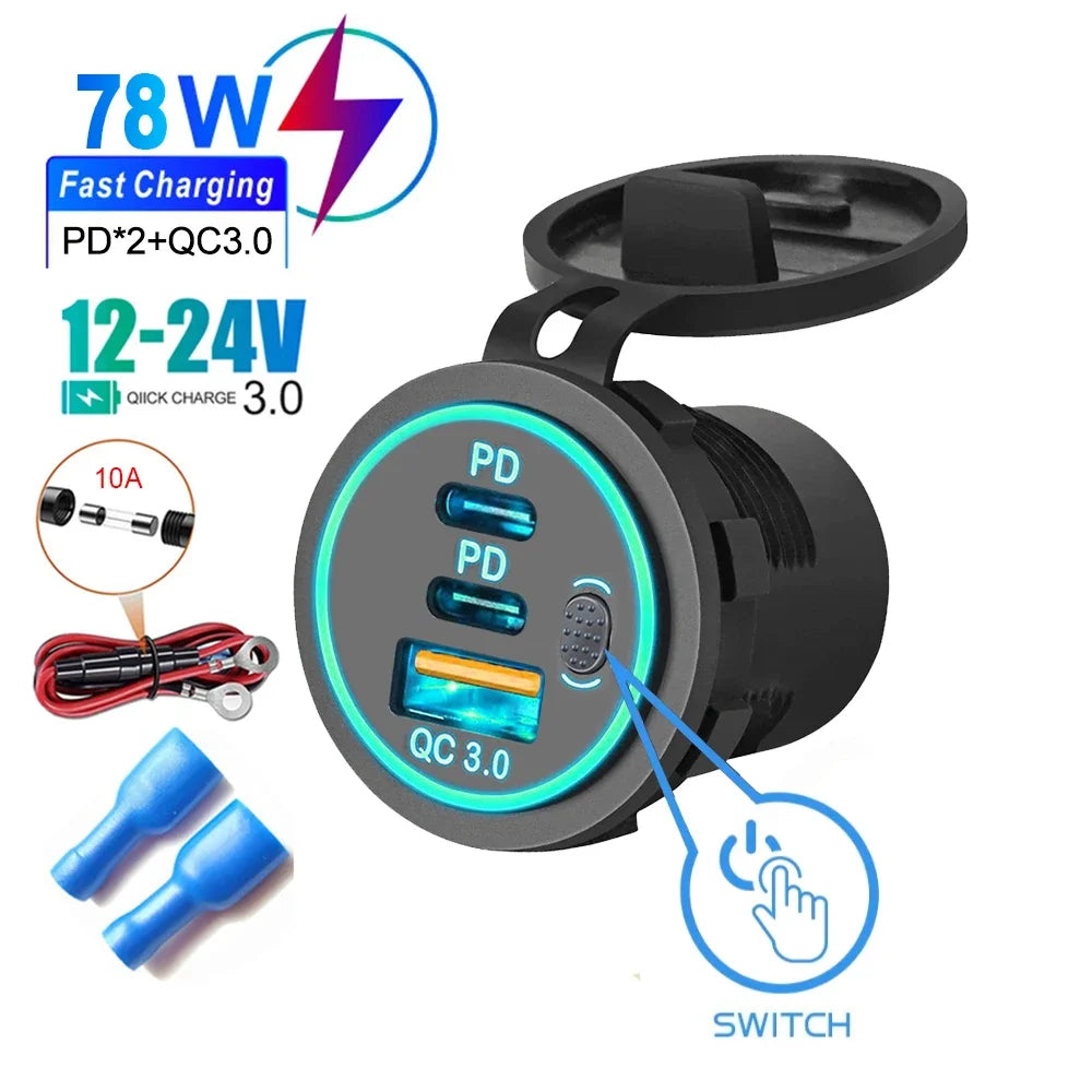 78W Triple Port USB-C Fast Car Charger Socket