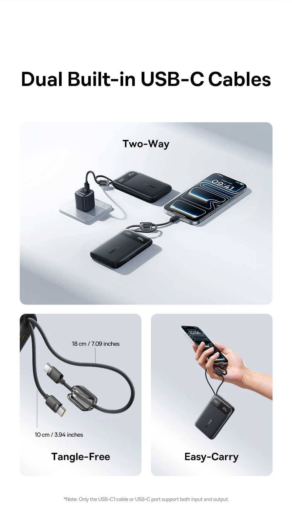 45W Fast Charging Power Bank with Dual Built-in USB-C Cables