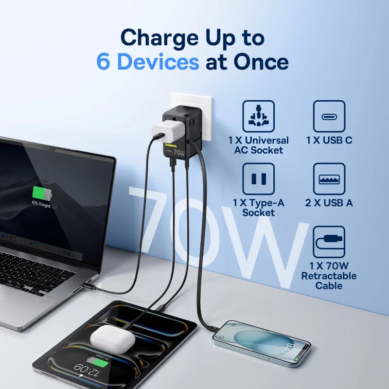 70W Universal Travel Adapter with Built-in Retractable Cable