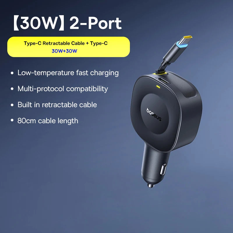 4-Port Fast Car Charger with Retractable Cables - 30