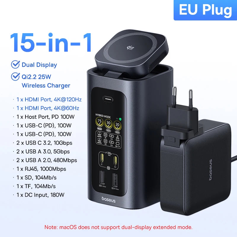 160W 15-in-1 USB-C Docking Station with 25W Wireless Charger