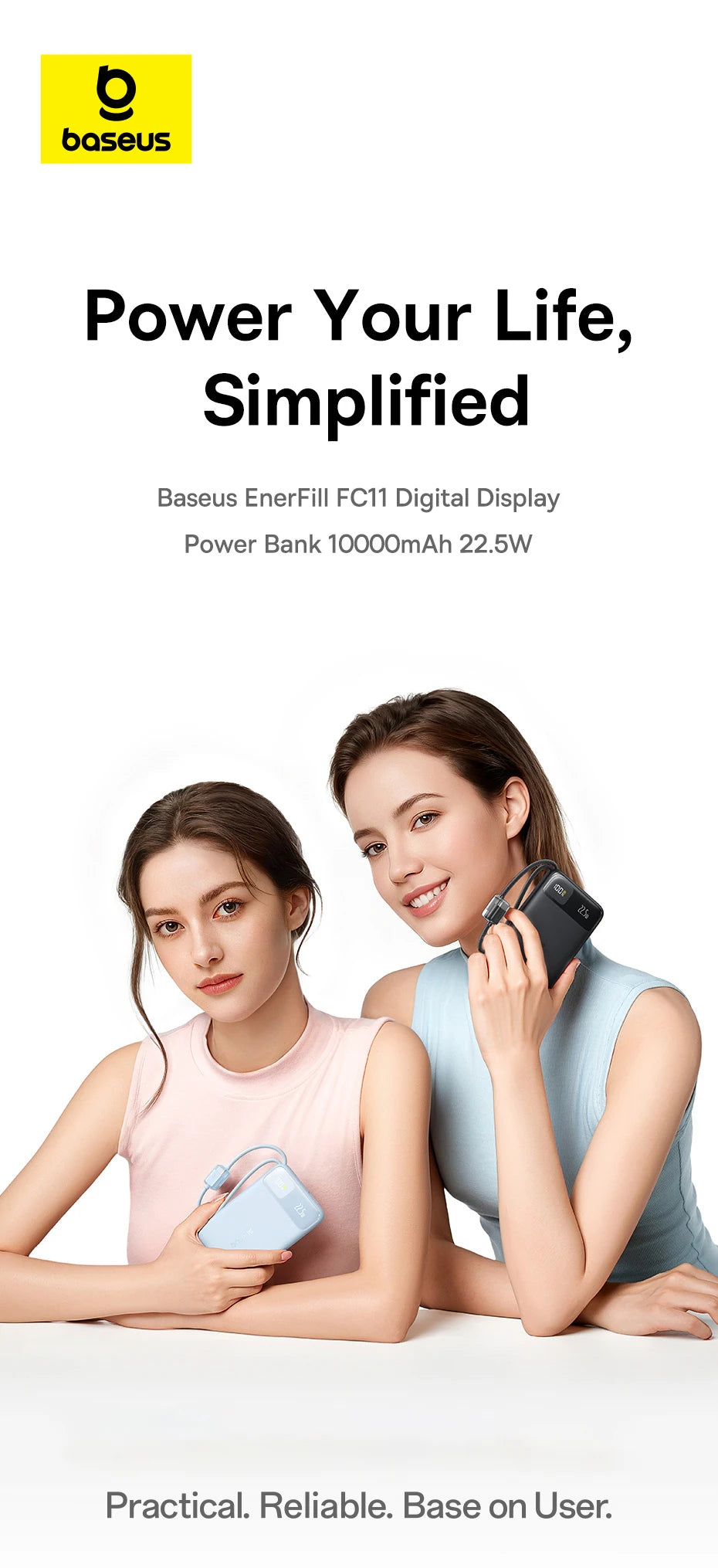 10000mAh Portable Power Bank with Dual Built-in USB-C Cables