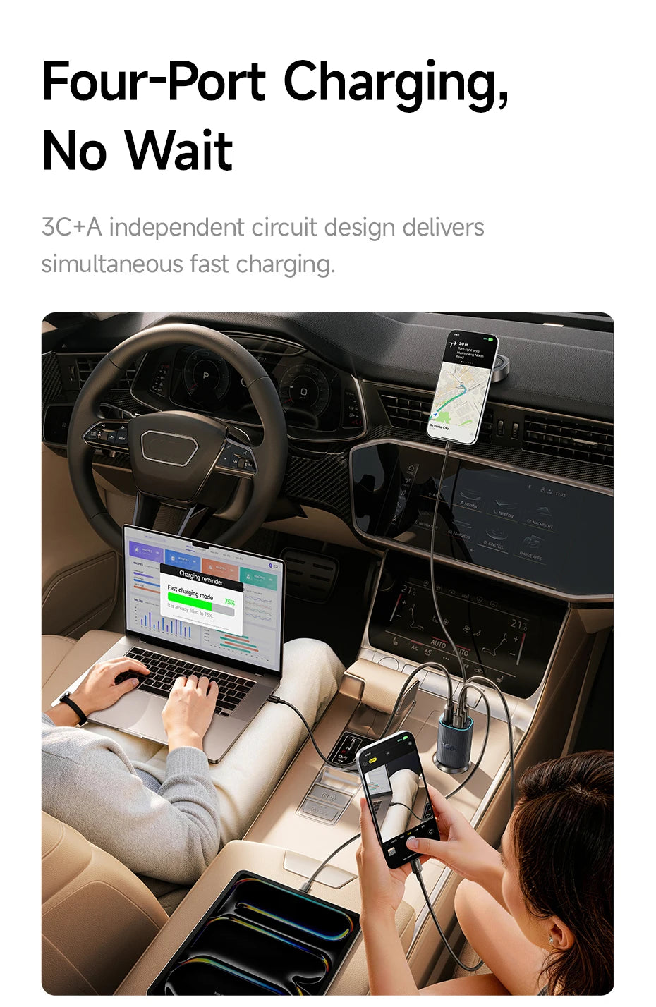 160W Fast Car Charger with Triple USB Ports for Laptops and Phones