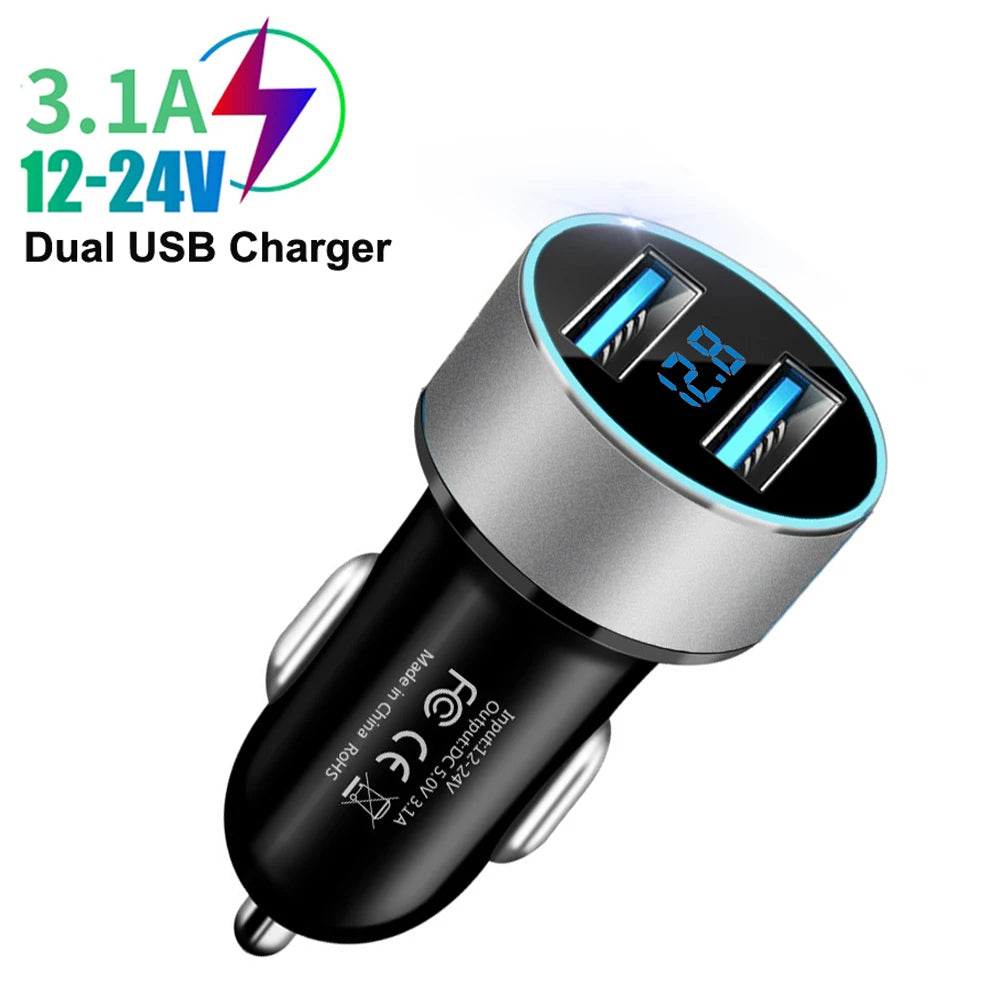3.1A Dual USB Car Charger with LED Digital Voltage Display 12V 24V
