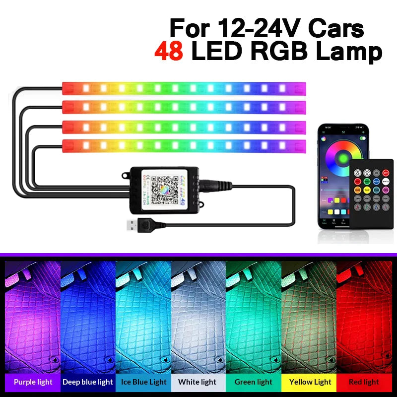 48 LED RGB Car Interior Foot Light Kit with App and Remote Control