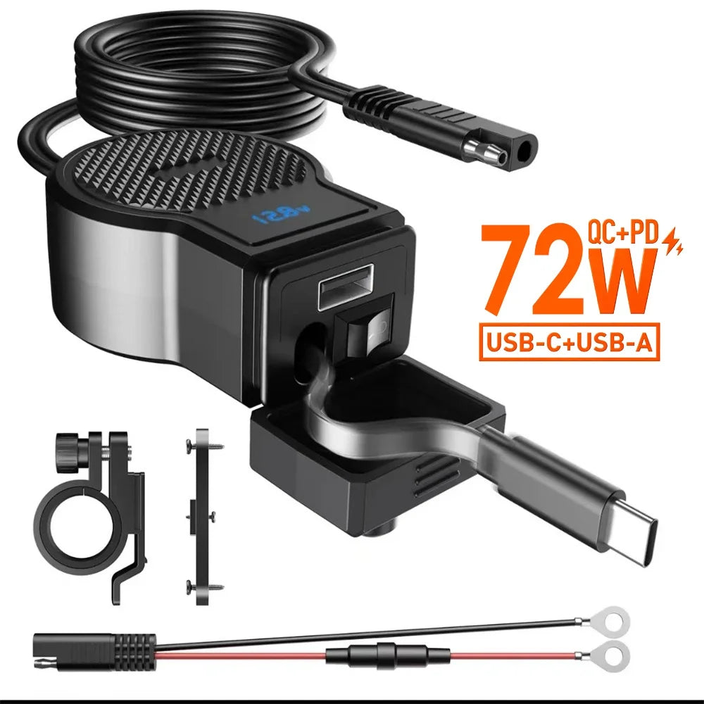 Motorcycle Dual Port USB C and A Fast Charger with Retractable Cable